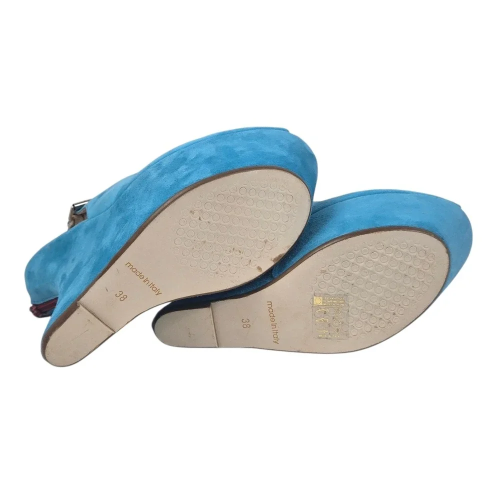 Luxury Turquoise Suede Peep-toe Platform Slingback Wedge Sandal Size 38 NIB $458